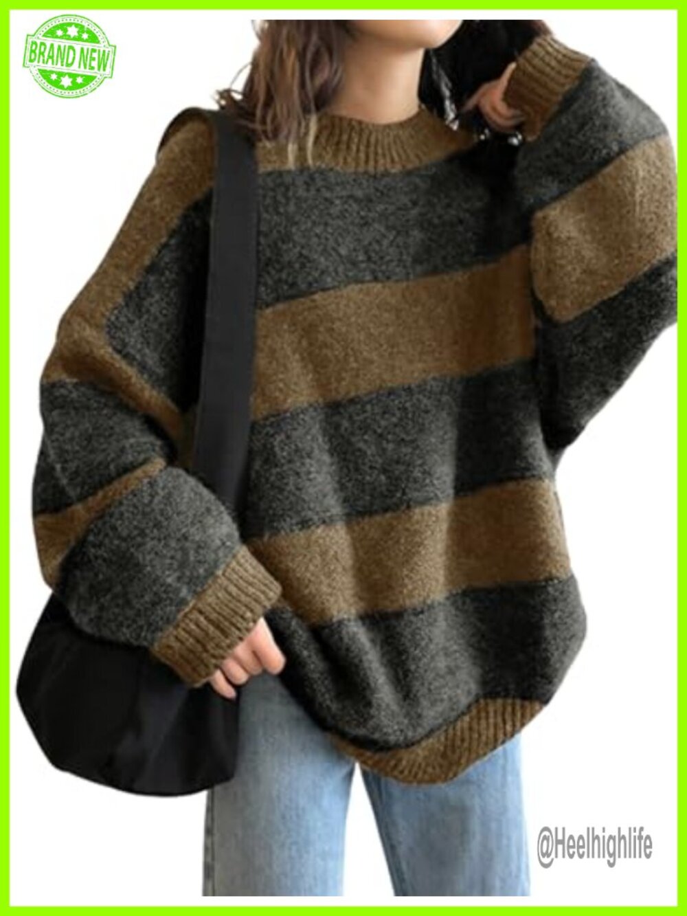Oversized Striped Sweater Long Sleeve Crewneck Pullover Knit Top
